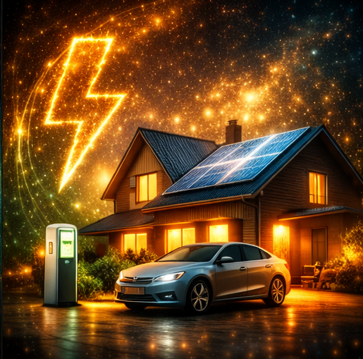 Haus mit Solaranlage und E-Auto